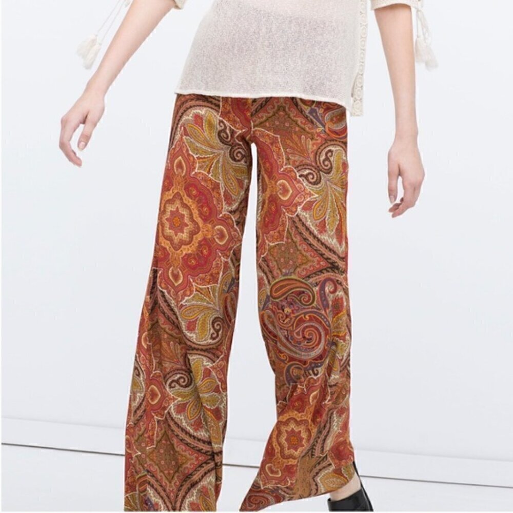 Zara Paisley Wide-Leg Trousers in Rust Multi